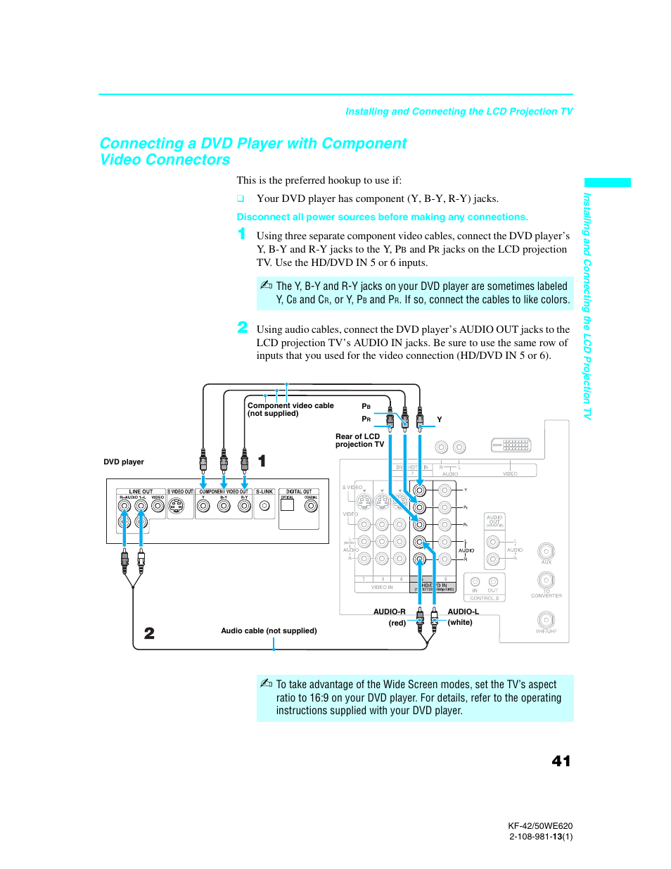 Connecting a dvd player with component, Video connectors | Sony KF-42WE620 User Manual | Page 41 / 95