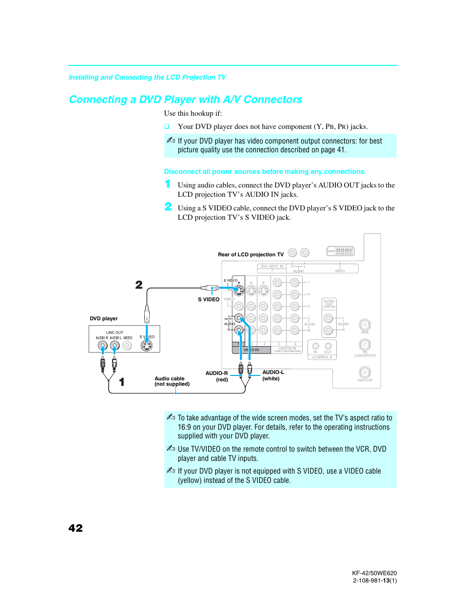 Connecting a dvd player with a/v connectors | Sony KF-42WE620 User Manual | Page 42 / 95