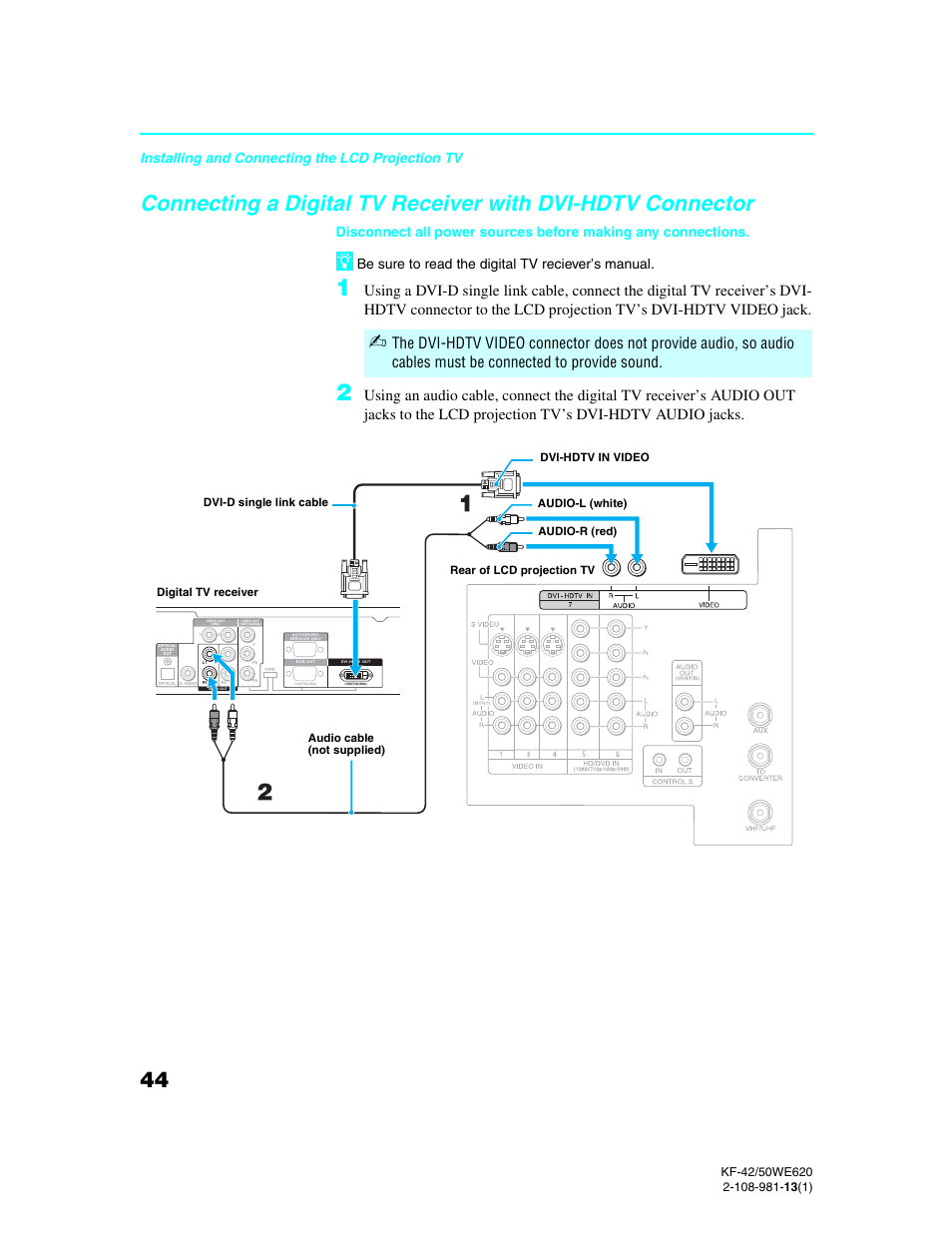 Connecting a digital tv receiver with dvi-hdtv, Connector, Installing and connecting the lcd projection tv | Sony KF-42WE620 User Manual | Page 44 / 95