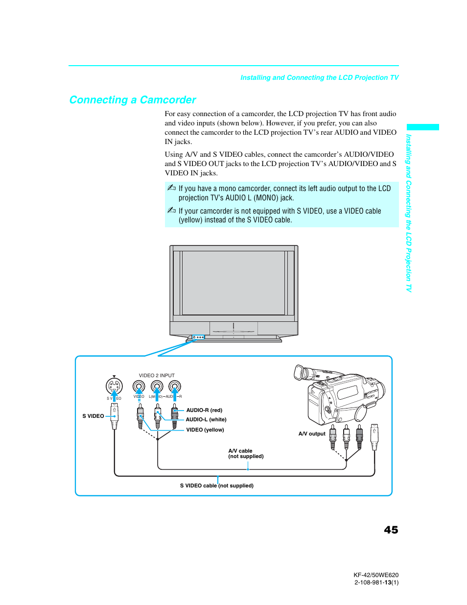 Connecting a camcorder | Sony KF-42WE620 User Manual | Page 45 / 95