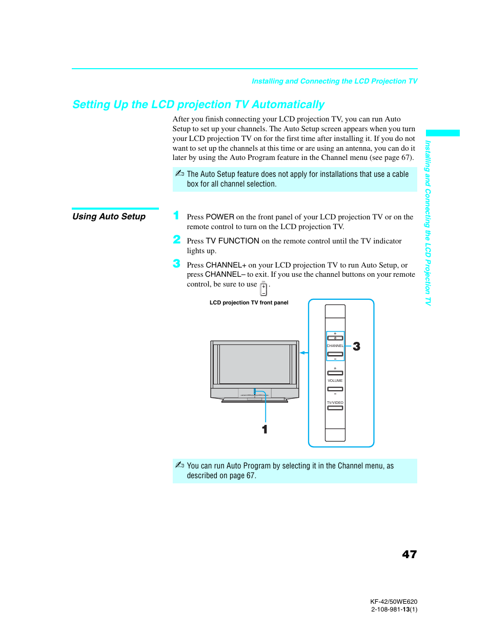 Setting up the lcd projection tv automatically, Setting up the lcd projection tv, Automatically | Sony KF-42WE620 User Manual | Page 47 / 95