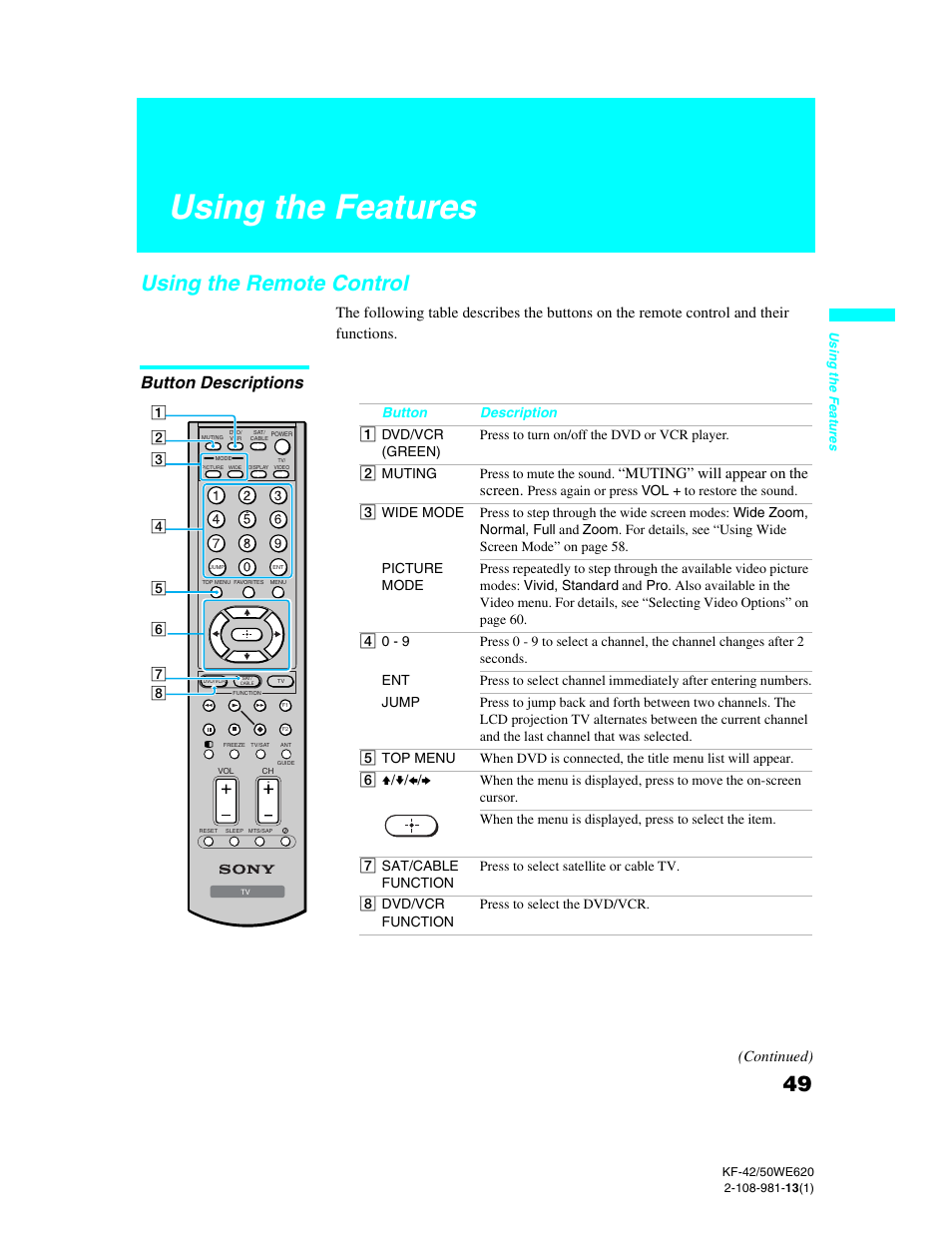 Using the features, Using the remote control, Button descriptions | Muting” will appear on the screen, Continued) | Sony KF-42WE620 User Manual | Page 49 / 95