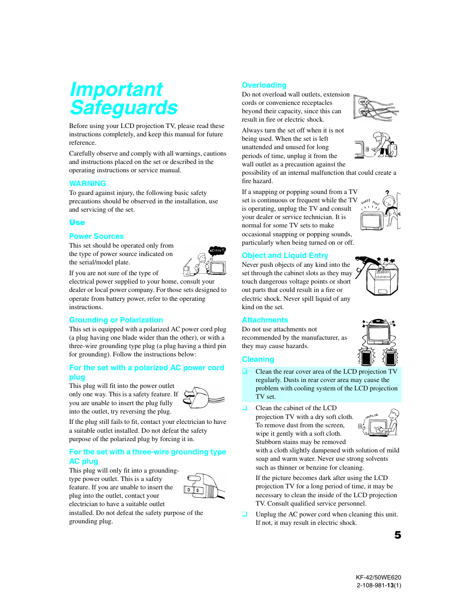 Important safeguards | Sony KF-42WE620 User Manual | Page 5 / 95