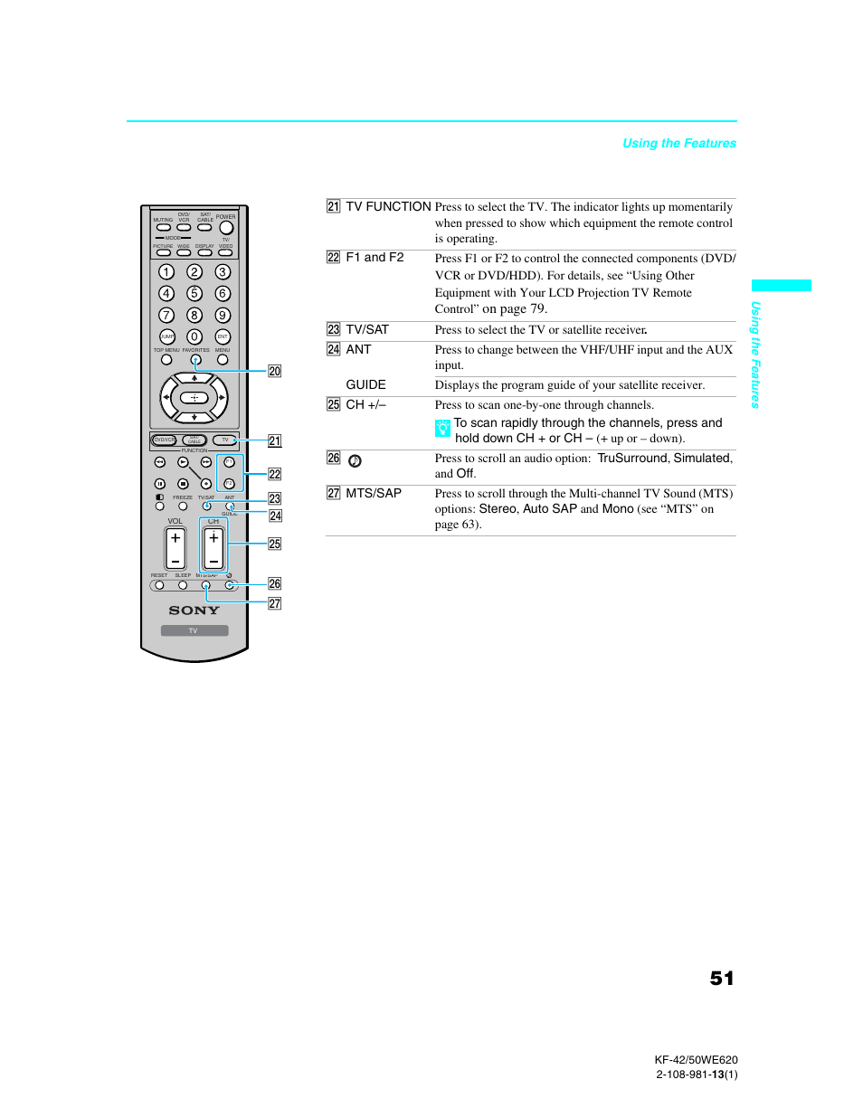 On page 79, Using the features | Sony KF-42WE620 User Manual | Page 51 / 95