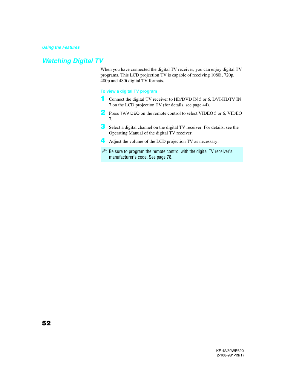 Watching digital tv | Sony KF-42WE620 User Manual | Page 52 / 95