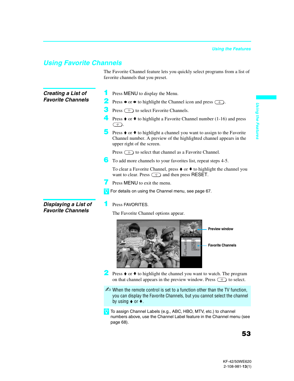 Using favorite channels | Sony KF-42WE620 User Manual | Page 53 / 95