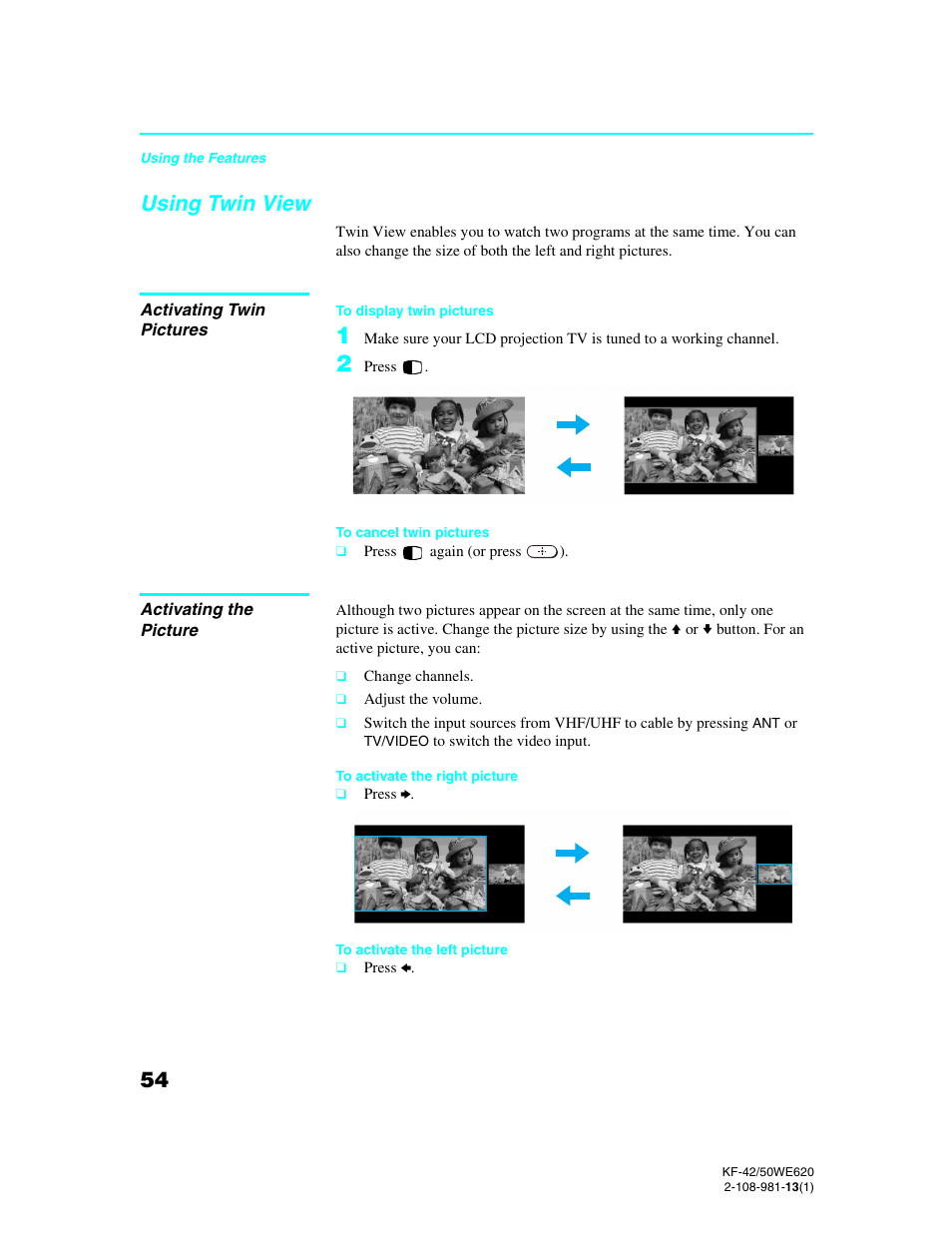 Using twin view | Sony KF-42WE620 User Manual | Page 54 / 95