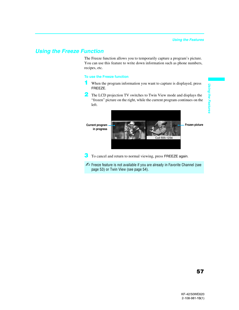 Using the freeze function | Sony KF-42WE620 User Manual | Page 57 / 95