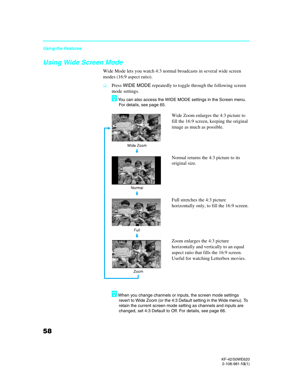 Using wide screen mode | Sony KF-42WE620 User Manual | Page 58 / 95