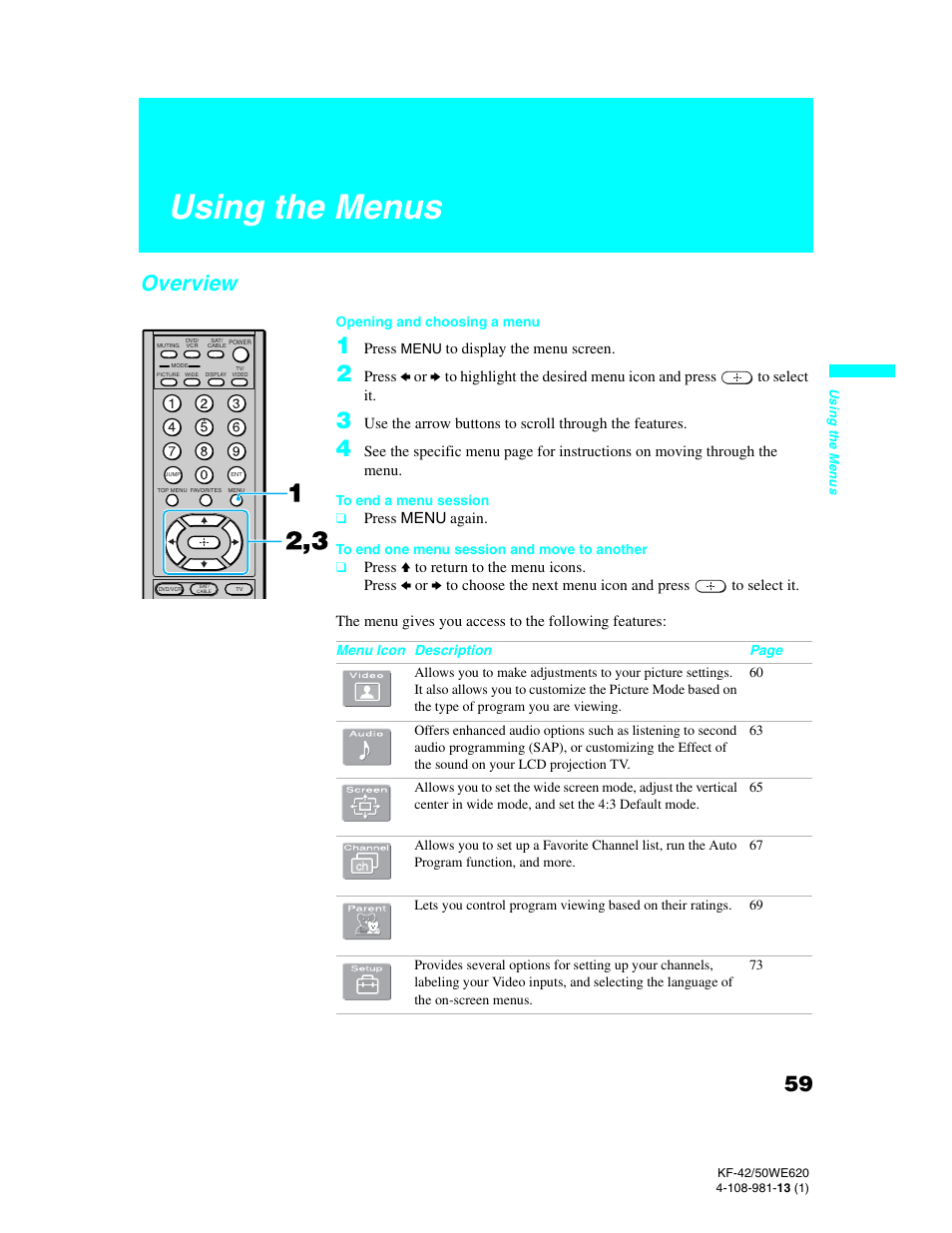 Using the menus, Overview | Sony KF-42WE620 User Manual | Page 59 / 95