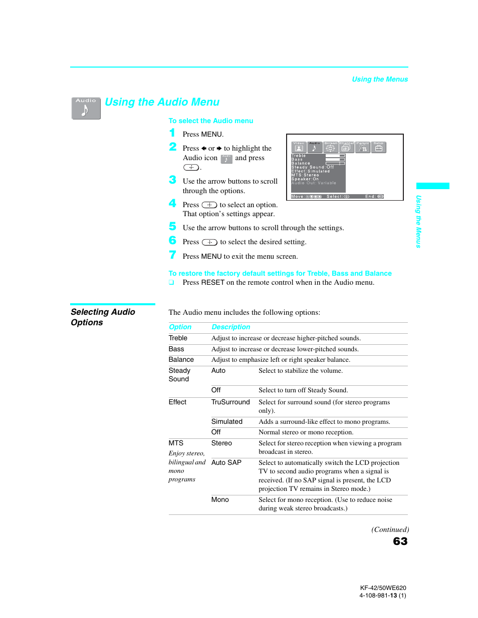 Using the audio menu | Sony KF-42WE620 User Manual | Page 63 / 95