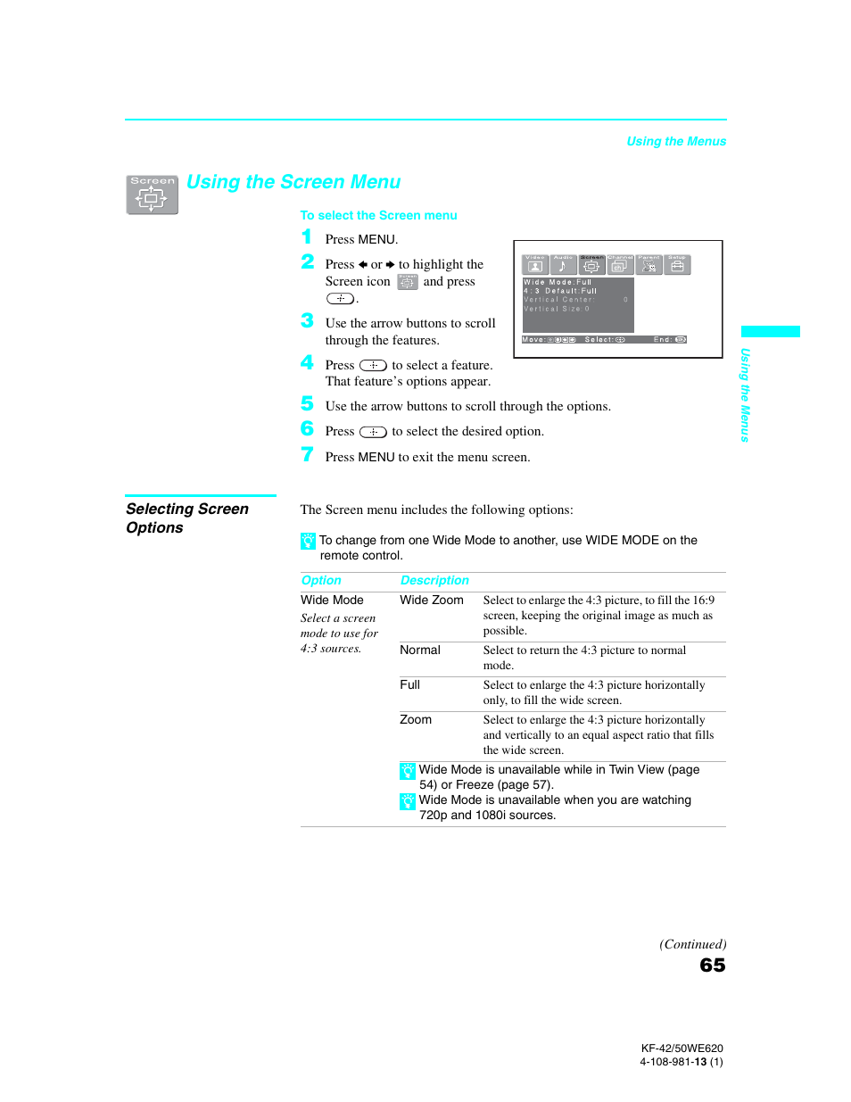 Using the screen menu | Sony KF-42WE620 User Manual | Page 65 / 95