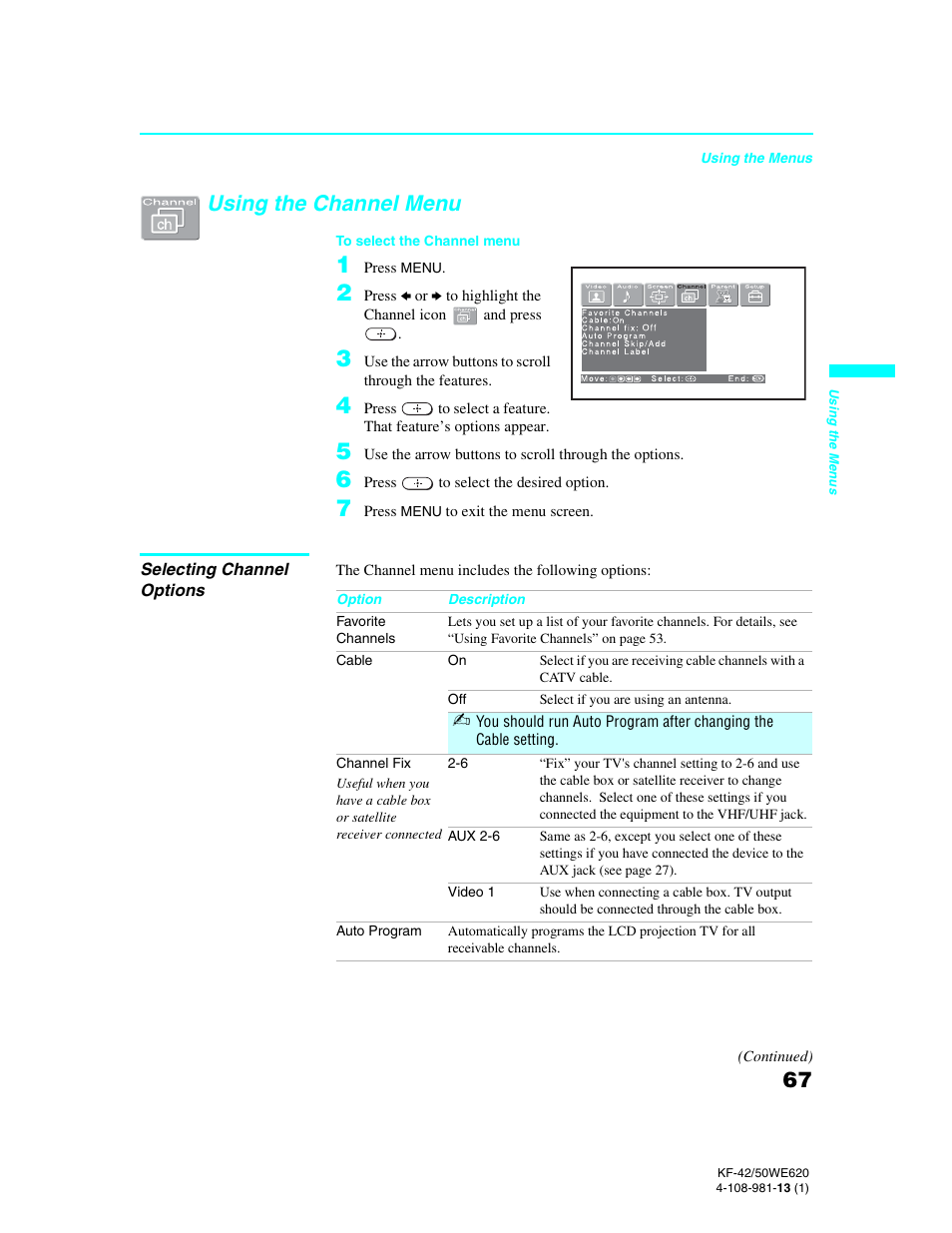 Using the channel menu | Sony KF-42WE620 User Manual | Page 67 / 95