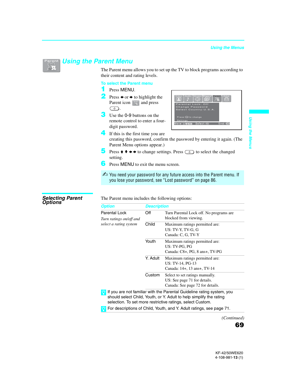 Using the parent menu | Sony KF-42WE620 User Manual | Page 69 / 95