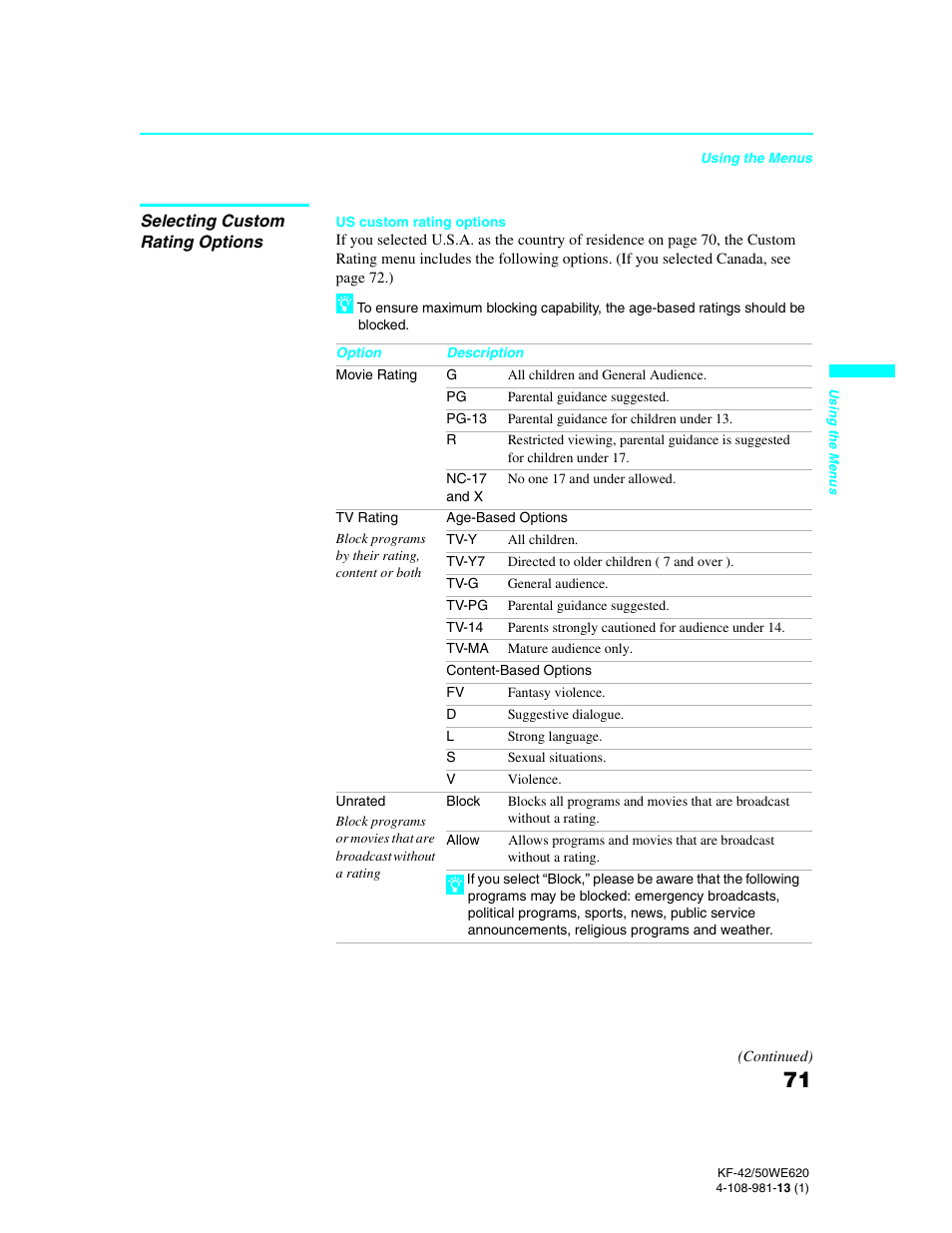 Sony KF-42WE620 User Manual | Page 71 / 95