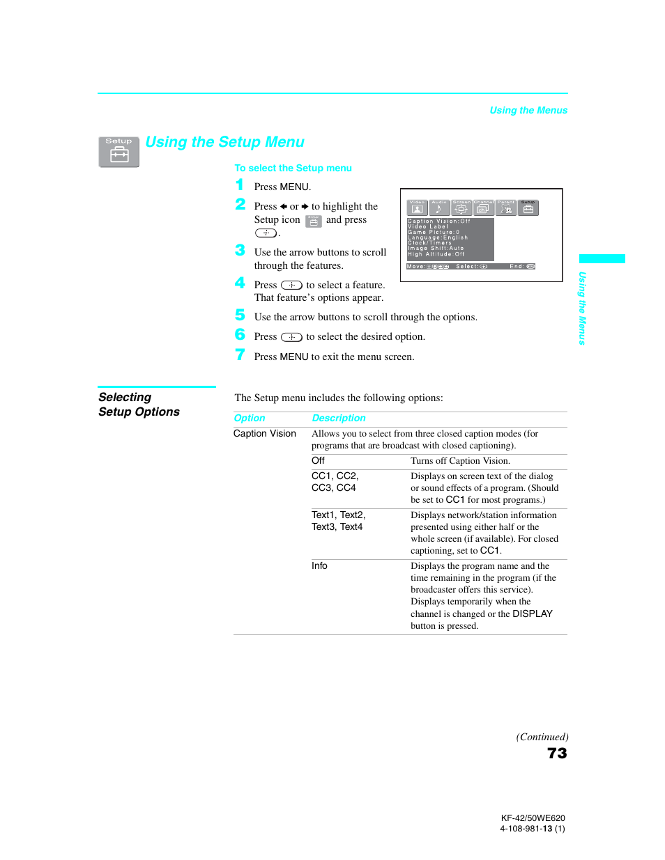 Using the setup menu | Sony KF-42WE620 User Manual | Page 73 / 95