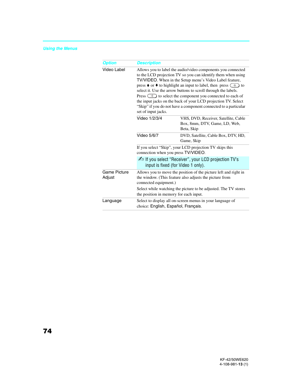 Sony KF-42WE620 User Manual | Page 74 / 95