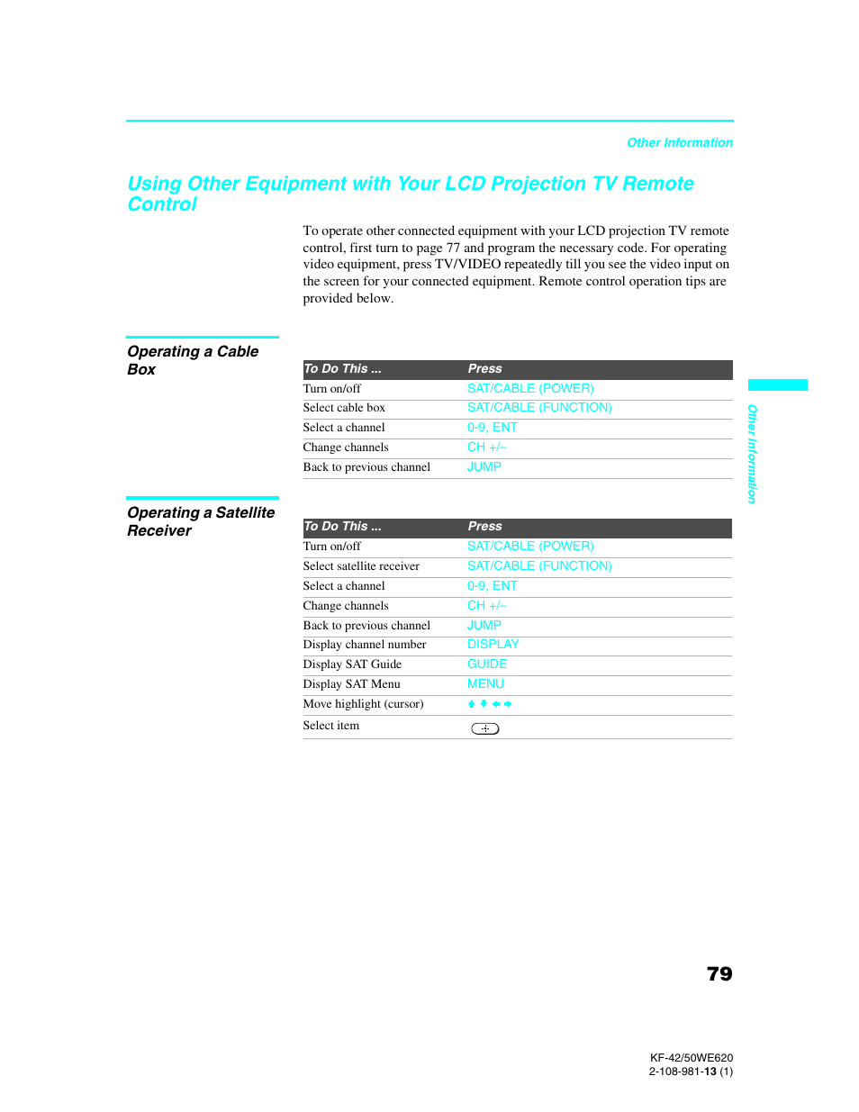 Using other equipment with your lcd projection, Tv remote control | Sony KF-42WE620 User Manual | Page 79 / 95