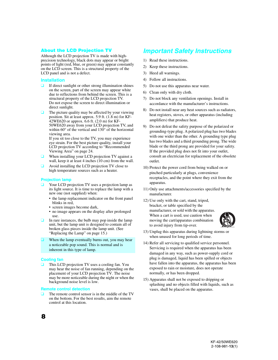 Important safety instructions | Sony KF-42WE620 User Manual | Page 8 / 95
