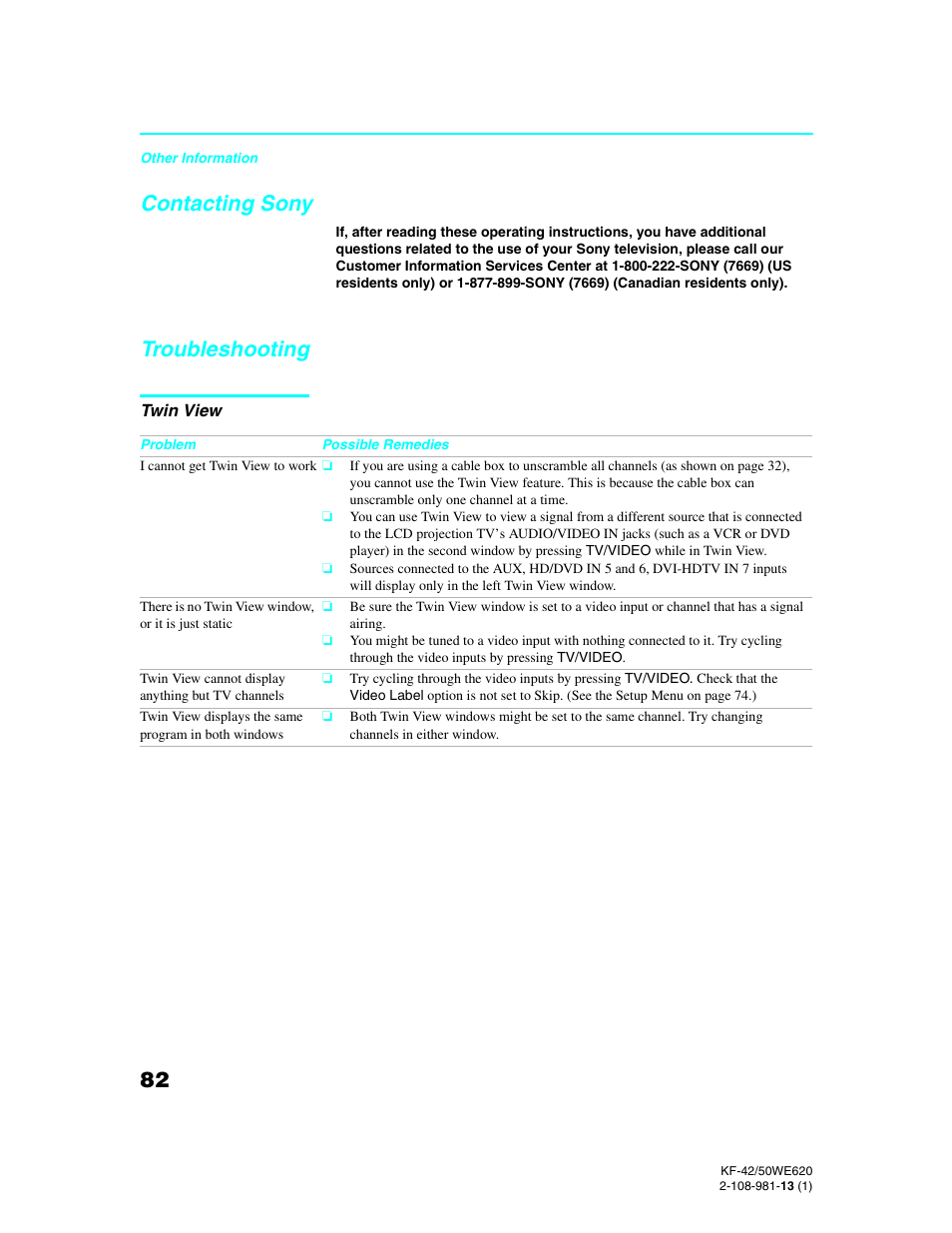 Contacting sony, Troubleshooting, Contacting sony troubleshooting | Sony KF-42WE620 User Manual | Page 82 / 95