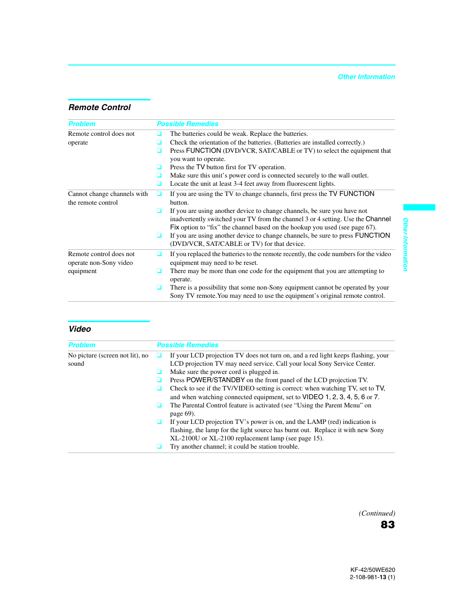 Sony KF-42WE620 User Manual | Page 83 / 95