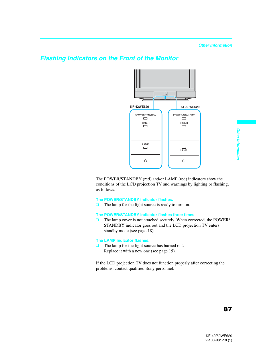 Flashing indicators on the front of the monitor | Sony KF-42WE620 User Manual | Page 87 / 95