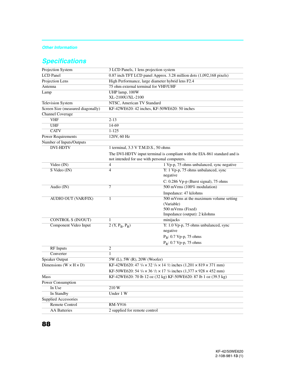 Specifications | Sony KF-42WE620 User Manual | Page 88 / 95