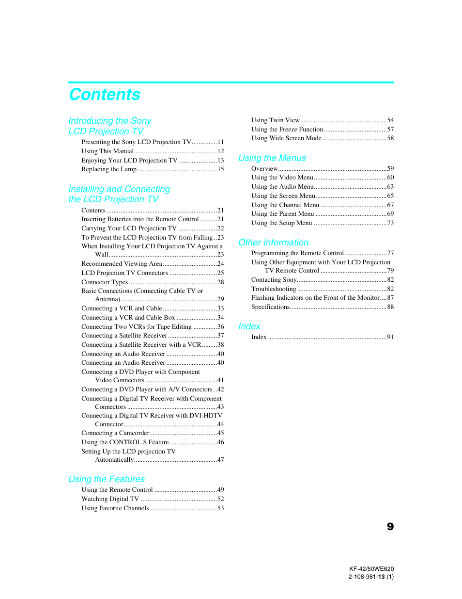 Sony KF-42WE620 User Manual | Page 9 / 95