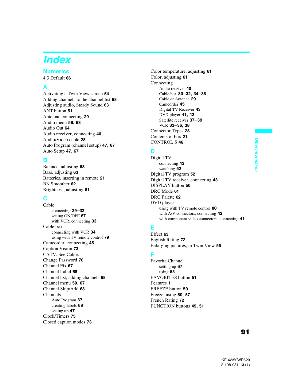 Index | Sony KF-42WE620 User Manual | Page 91 / 95