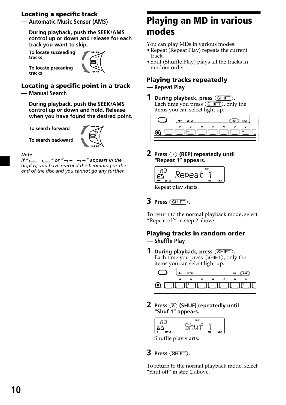 Radio, Playing an md in various modes, Playing tracks repeatedly — repeat play | Playing tracks in random order — shuffle play | Sony MDX-C7970R User Manual | Page 10 / 116