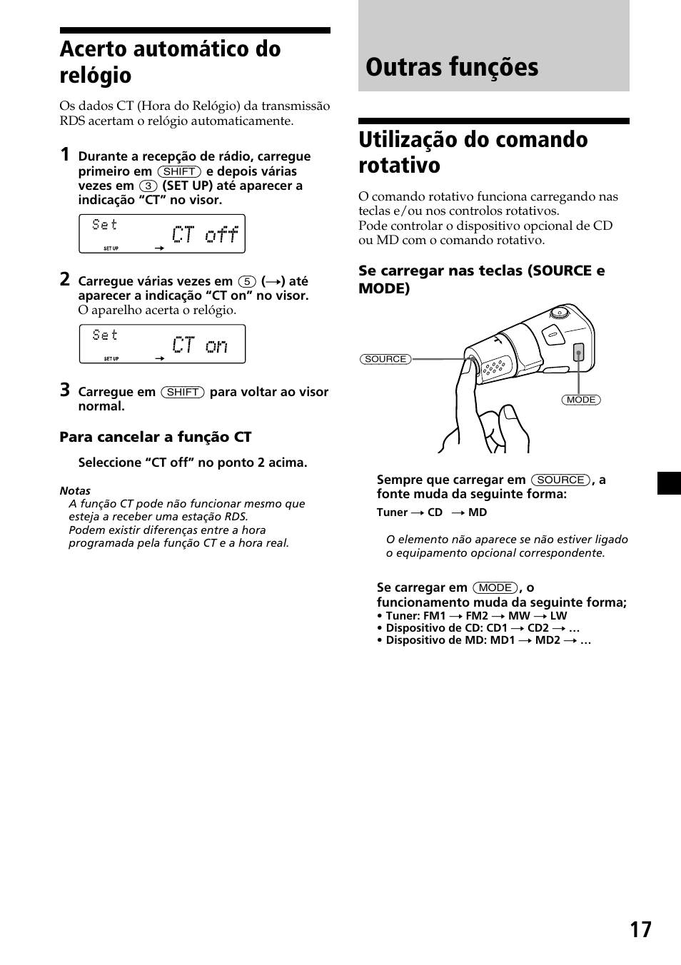 Acerto automático do relógio, Outras funções, Utilização do comando rotativo | 17 acerto automático do relógio | Sony MDX-C7970R User Manual | Page 101 / 116