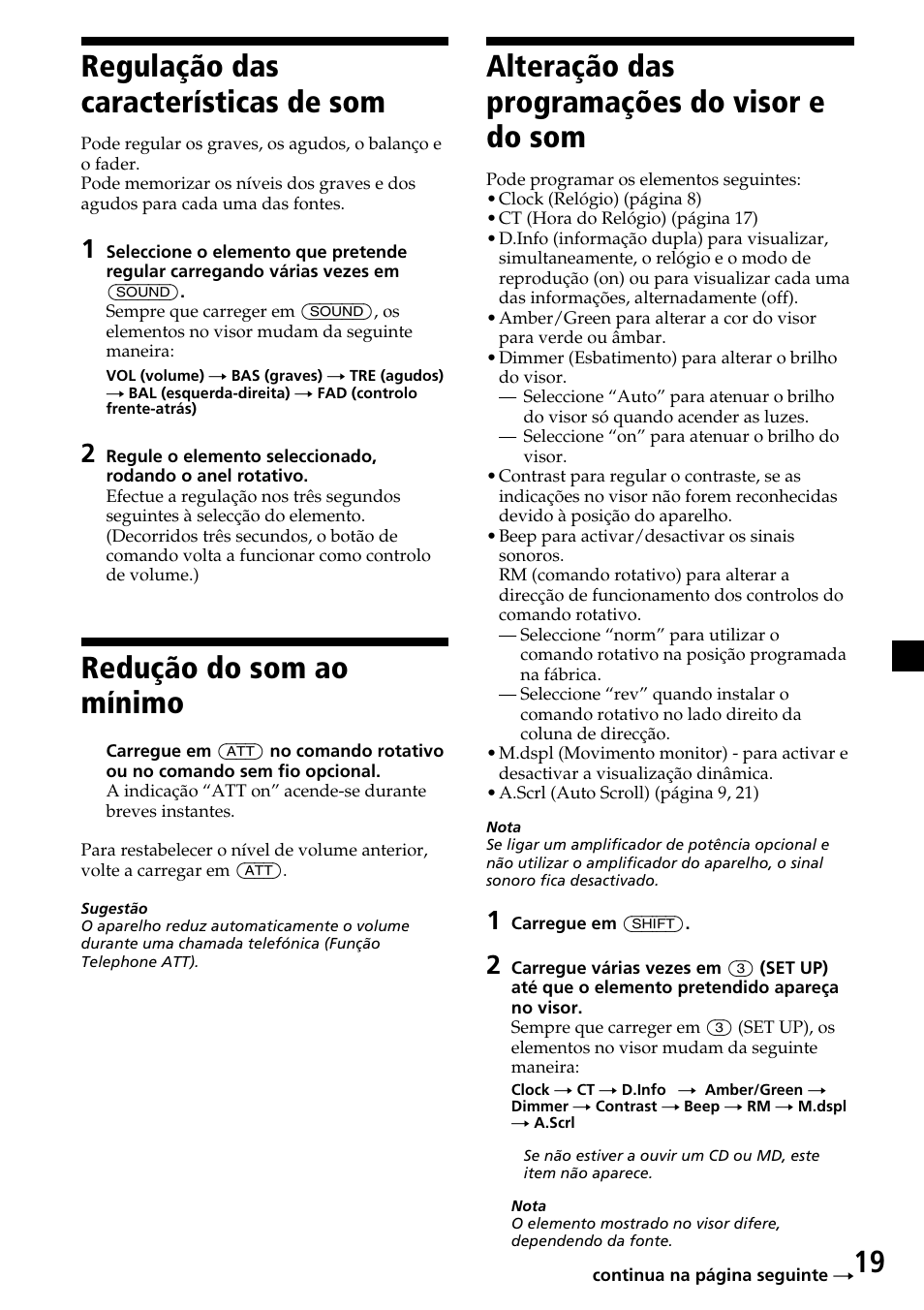 19 regulação das características de som, Redução do som ao mínimo, Alteração das programações do visor e do som | Sony MDX-C7970R User Manual | Page 103 / 116
