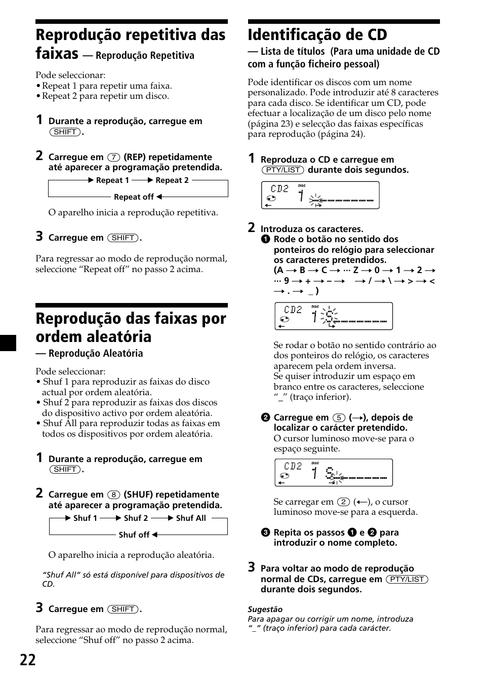 22 identificação de cd, Reprodução repetitiva das faixas, Reprodução das faixas por ordem aleatória | Sony MDX-C7970R User Manual | Page 106 / 116