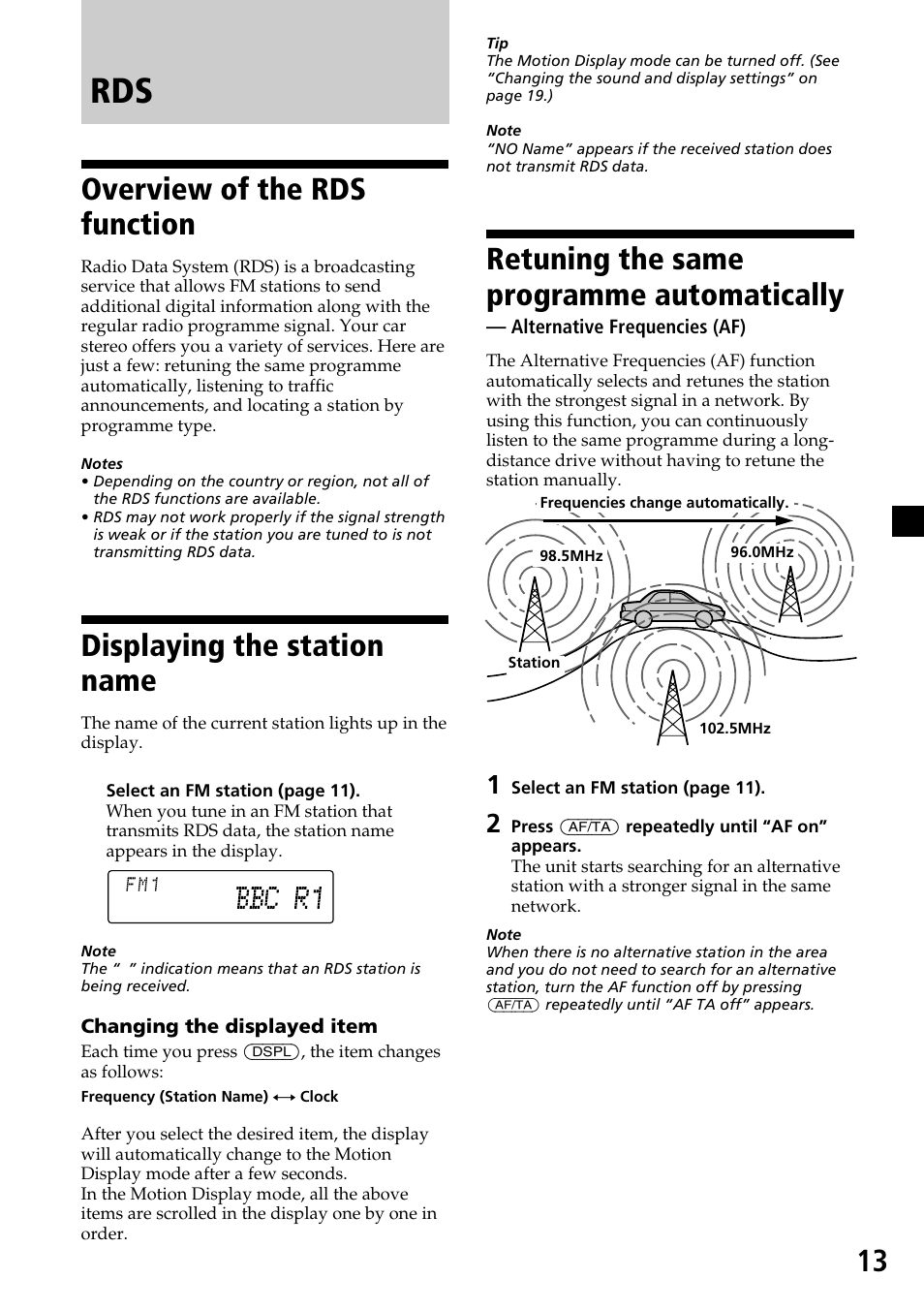 Overview of the rds function, Displaying the station name, Retuning the same programme automatically | Sony MDX-C7970R User Manual | Page 13 / 116