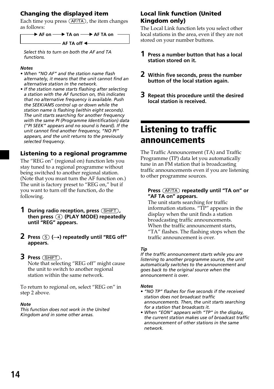 Listening to traffic announcements | Sony MDX-C7970R User Manual | Page 14 / 116