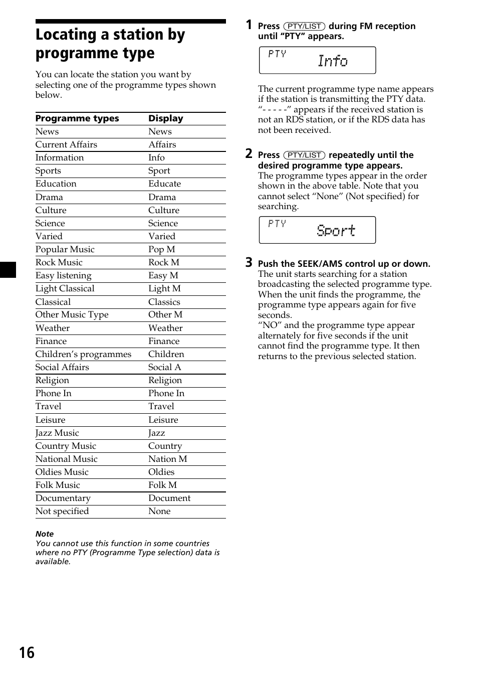 Locating a station by programme type | Sony MDX-C7970R User Manual | Page 16 / 116