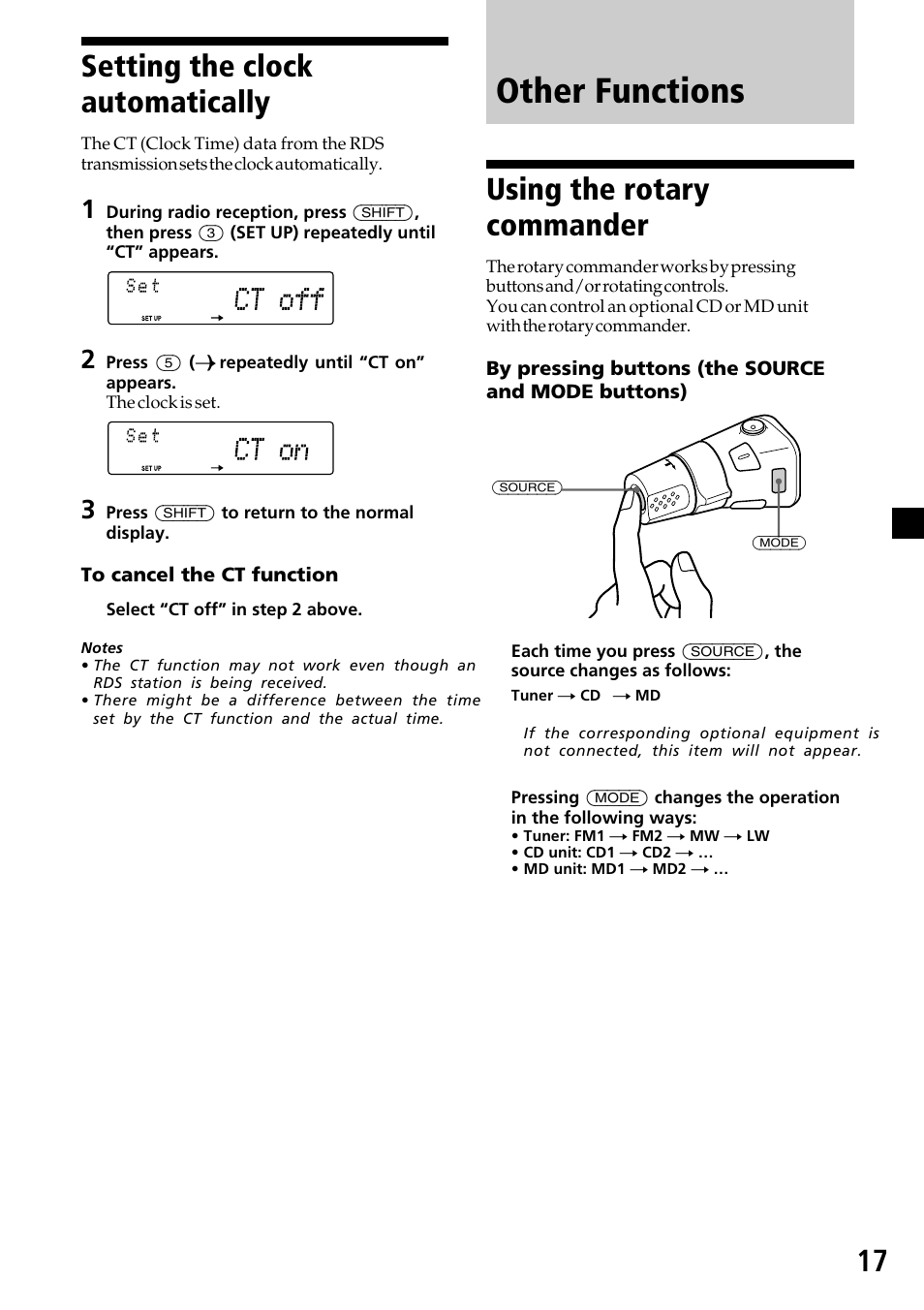 Other functions, Using the rotary commander 17, Using the rotary commander | Setting the clock automatically | Sony MDX-C7970R User Manual | Page 17 / 116