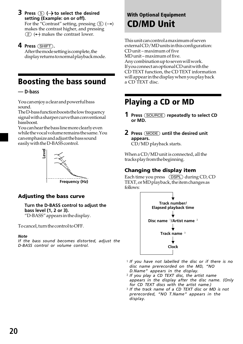 Cd/md unit, Playing a cd or md 20, Playing a cd or md | Boosting the bass sound | Sony MDX-C7970R User Manual | Page 20 / 116