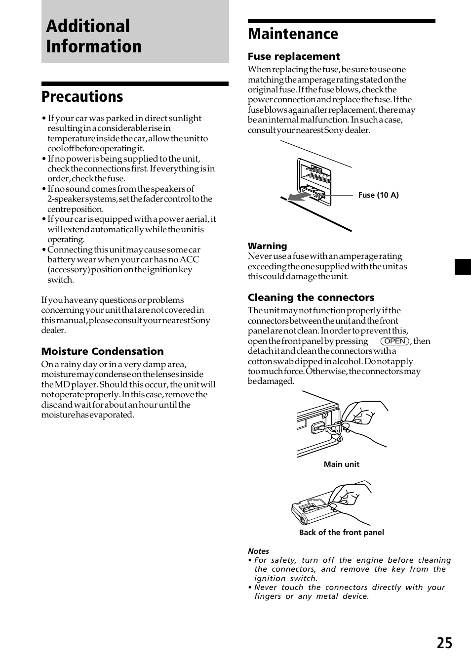 Additional information, Precautions 25, Precautions | Maintenance | Sony MDX-C7970R User Manual | Page 25 / 116