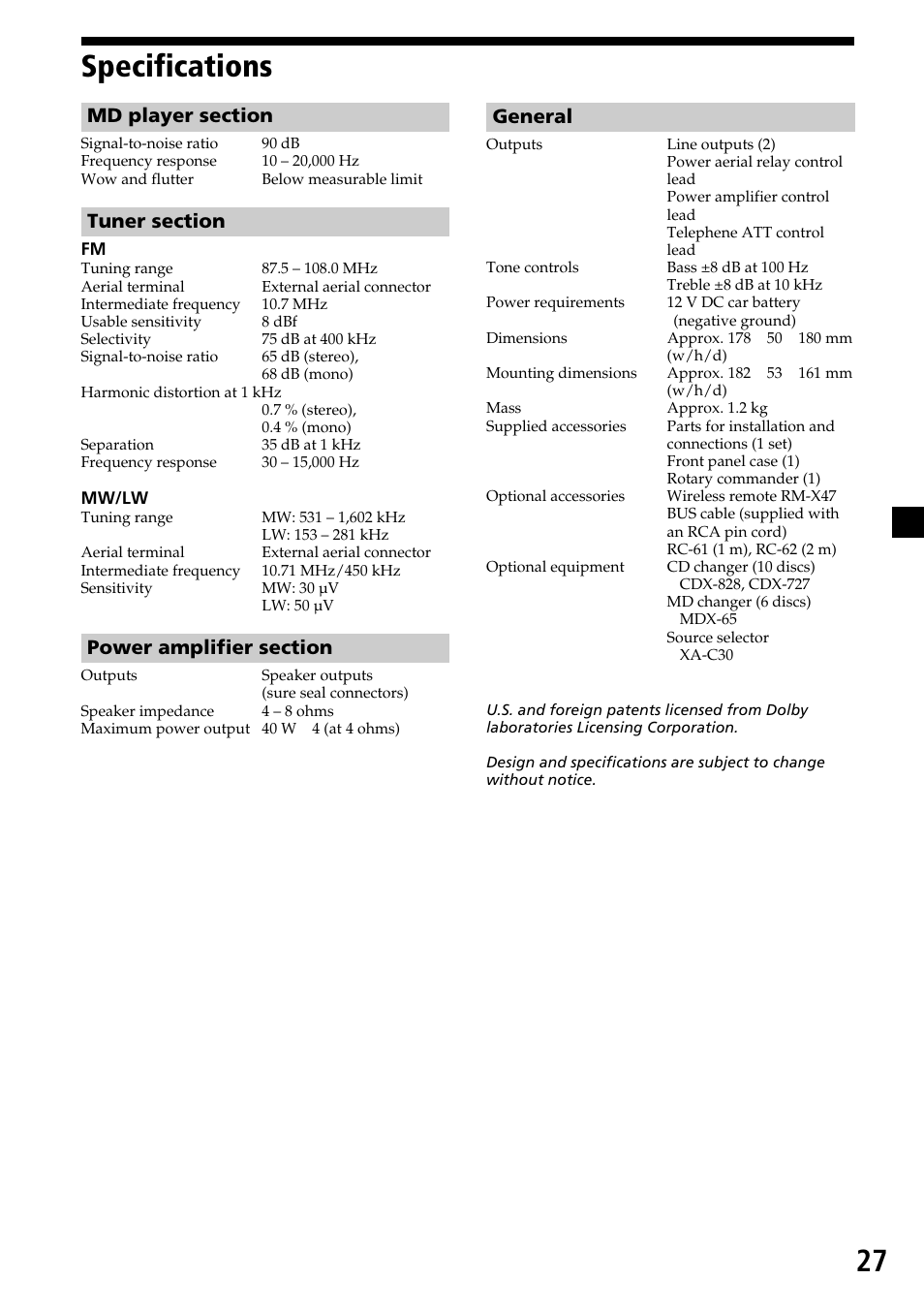 27 specifications, General | Sony MDX-C7970R User Manual | Page 27 / 116