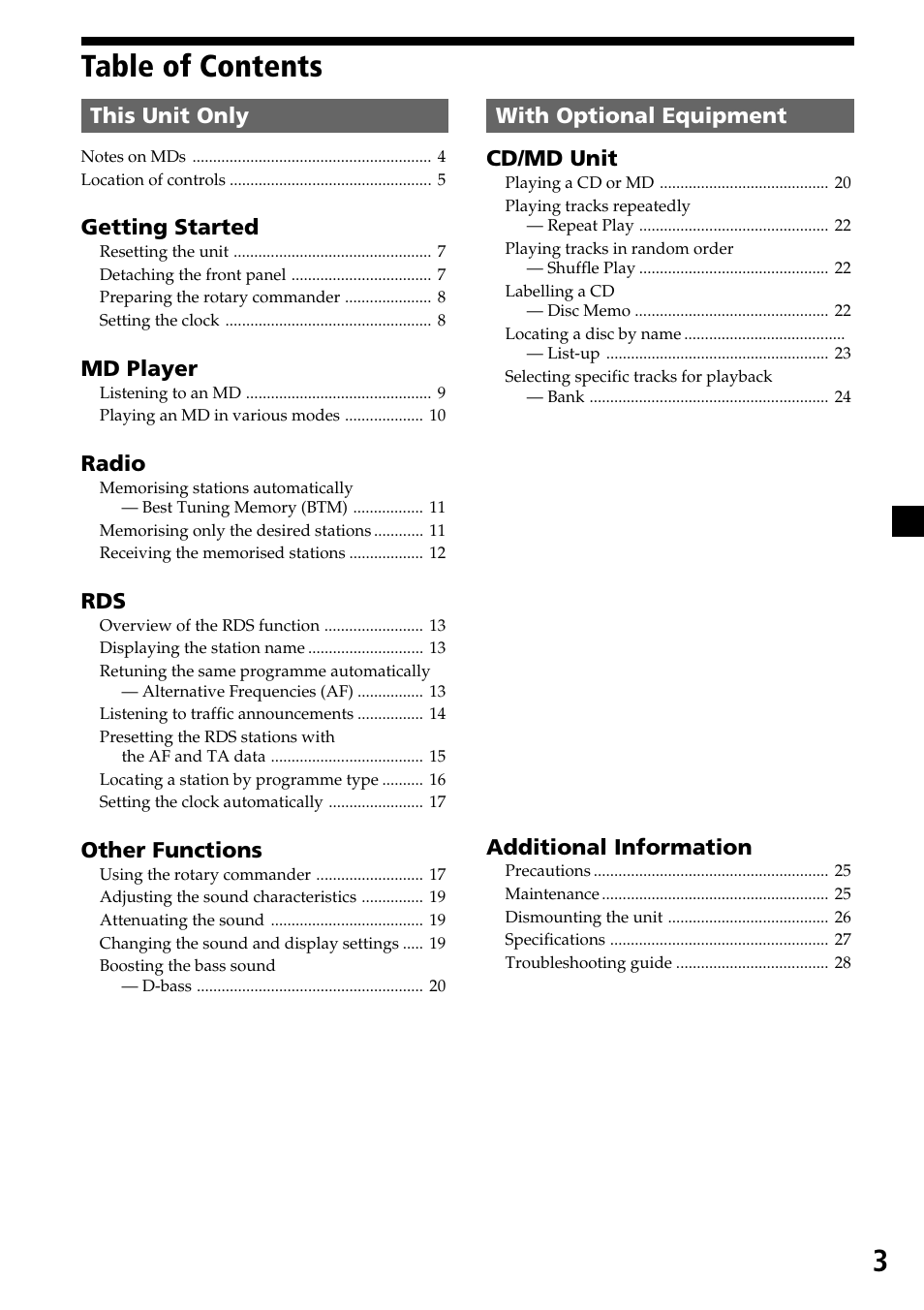 3table of contents | Sony MDX-C7970R User Manual | Page 3 / 116