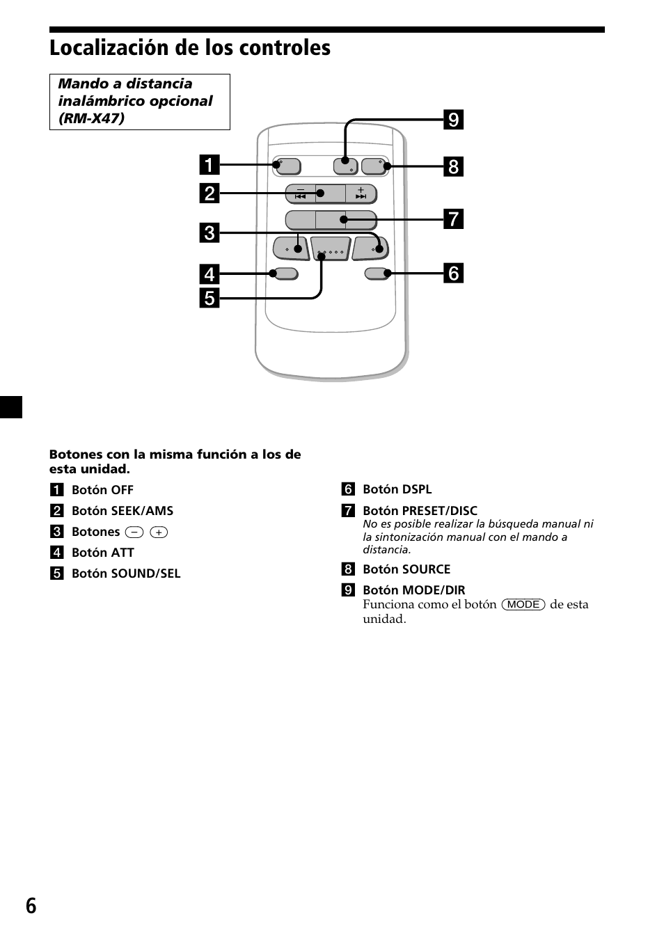 Localización de los controles, Mando a distancia inalámbrico opcional (rm-x47) | Sony MDX-C7970R User Manual | Page 34 / 116