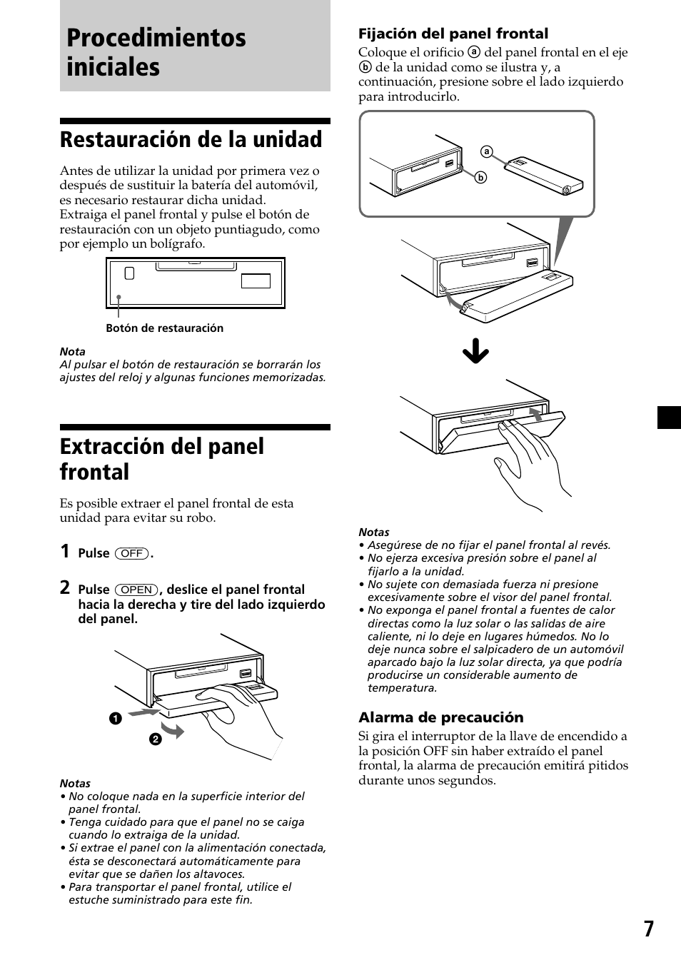 Procedimientos iniciales, Restauración de la unidad, Extracción del panel frontal | Sony MDX-C7970R User Manual | Page 35 / 116