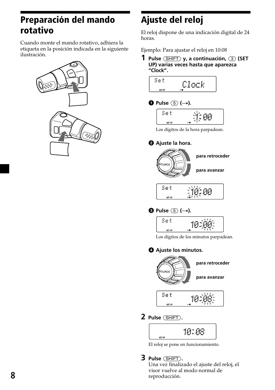 Ajuste del reloj, Preparación del mando rotativo | Sony MDX-C7970R User Manual | Page 36 / 116