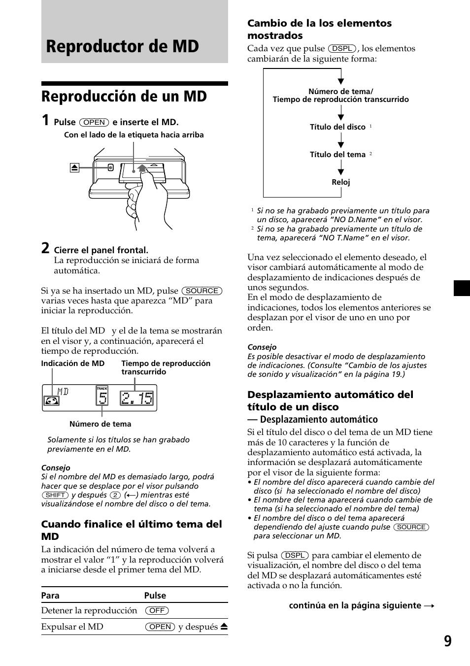 Reproductor de md, Reproducción de un md 1 | Sony MDX-C7970R User Manual | Page 37 / 116