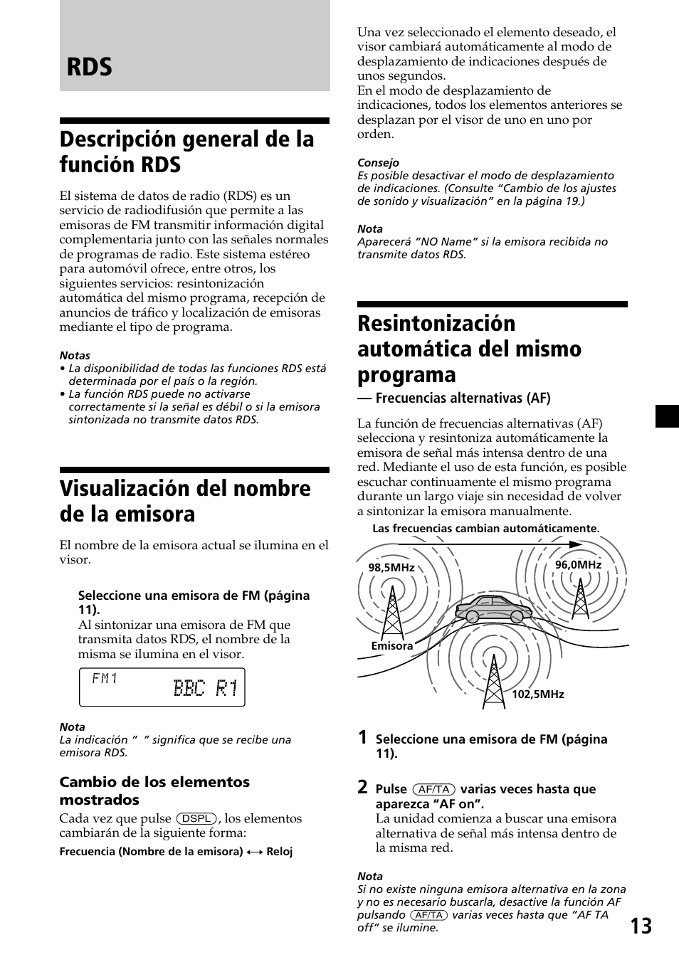 Descripción general de la función rds, Visualización del nombre de la emisora, Resintonización automática del mismo programa | Sony MDX-C7970R User Manual | Page 41 / 116