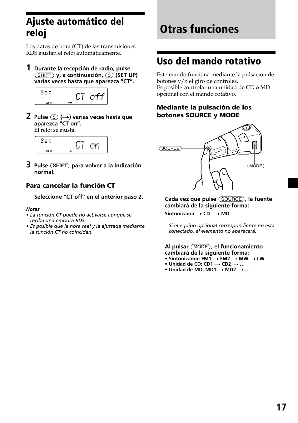 Otras funciones, 17 ajuste automático del reloj, Uso del mando rotativo | Sony MDX-C7970R User Manual | Page 45 / 116