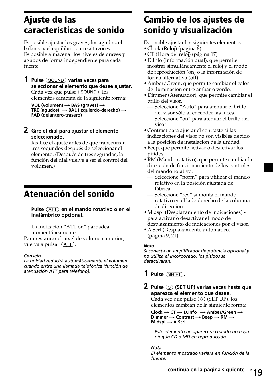 19 ajuste de las características de sonido, Atenuación del sonido, Cambio de los ajustes de sonido y visualización | Sony MDX-C7970R User Manual | Page 47 / 116
