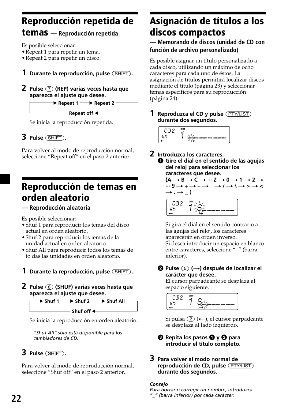 22 reproducción repetida de temas, Reproducción de temas en orden aleatorio, Asignación de títulos a los discos compactos | Sony MDX-C7970R User Manual | Page 50 / 116