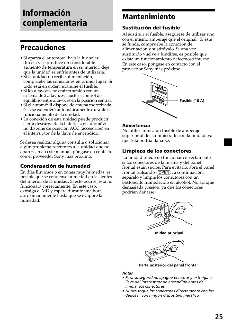Información complementaria, Mantenimiento, Precauciones | Sony MDX-C7970R User Manual | Page 53 / 116